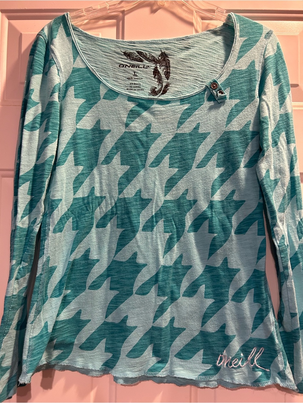 O'Neill Women's Teal Houndstooth Long Sleeve Top Size Lg